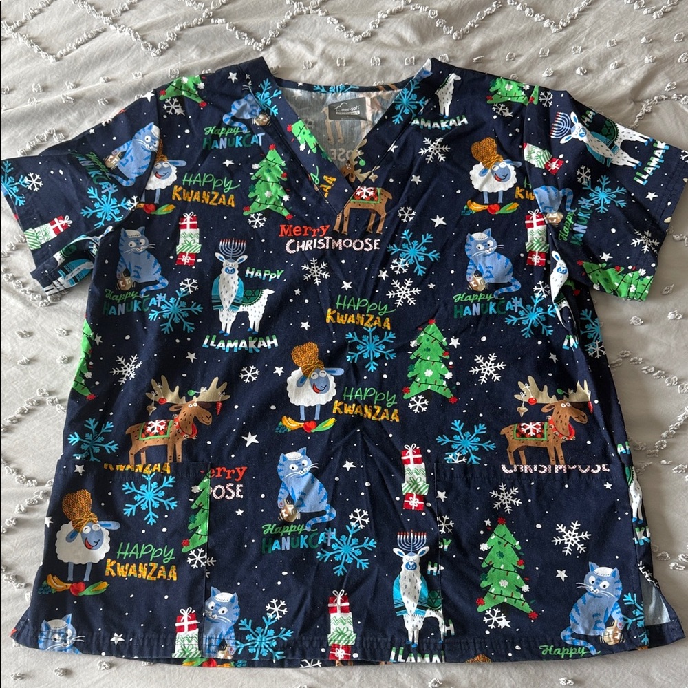 Holiday Print Scrub Top